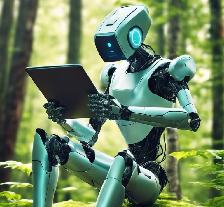 Robot sitting in the woods reading email newsletters on a tablet computer.