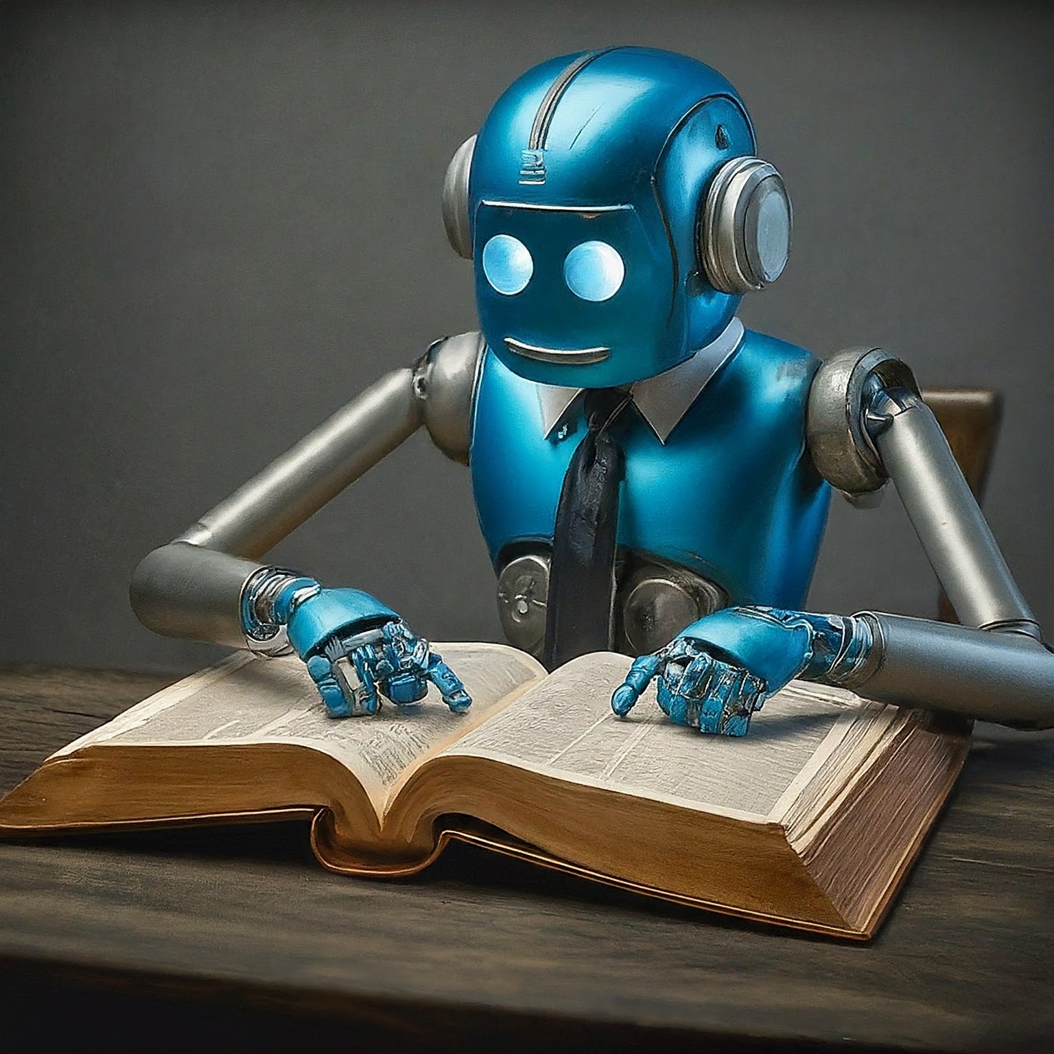 Image of a blue robot looking at a dictionary to select a new product name.